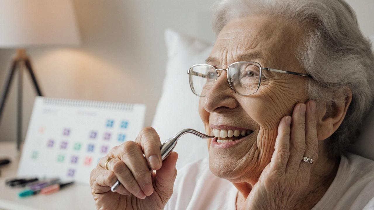 Žena používá ohnutý mezizubní kartáček k čištění zubního implantátu.