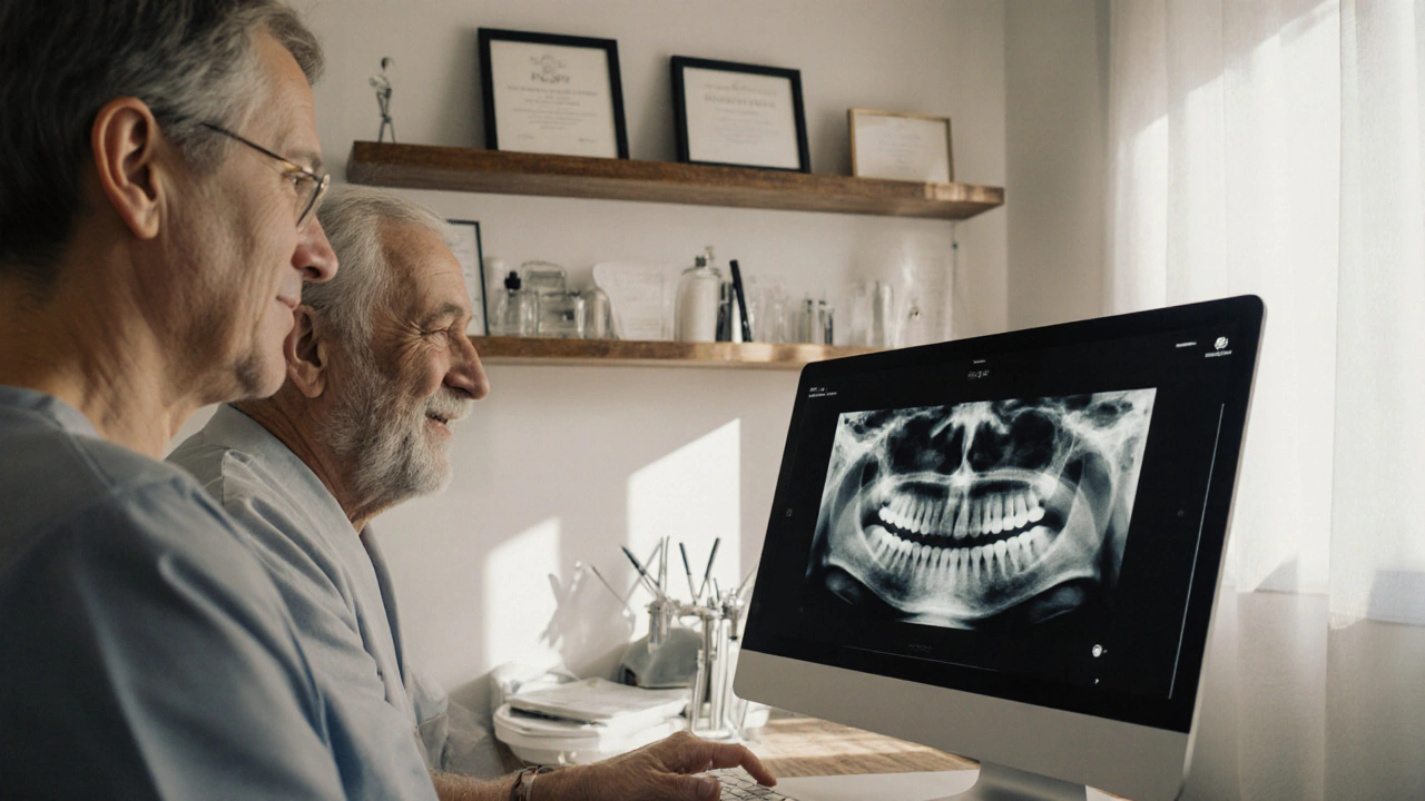 Zkušený zubař v klidné ordinaci v Českých Budějovicích s pacientkou.