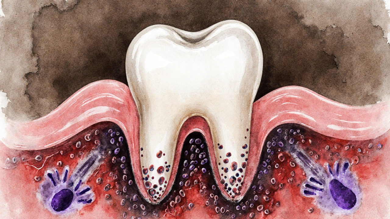 Zub s odstupujícími dásněmi a viditelným kořenem obklopeným bakteriálním plakem.