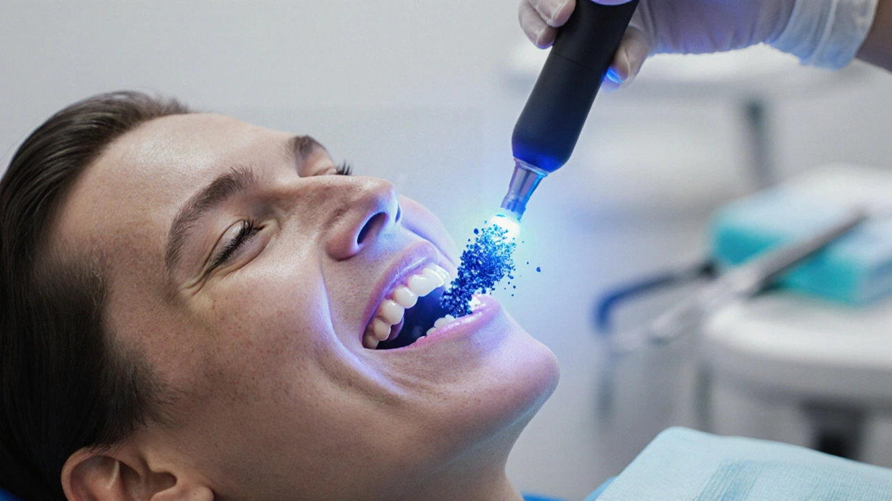 Zubař odstraňuje černý zubní kámen ultrazvukovým přístrojem.