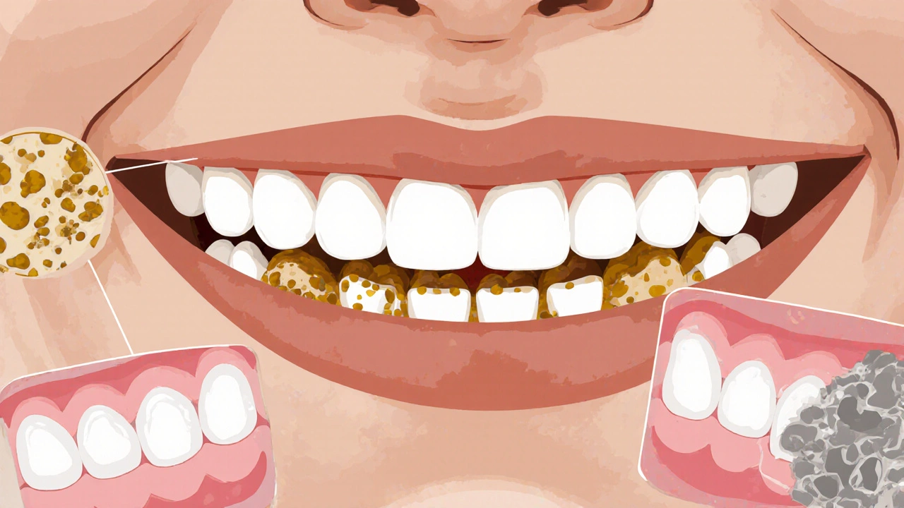 Zubní kámen na molarech dítěte s viditelným nánosem na dásních.