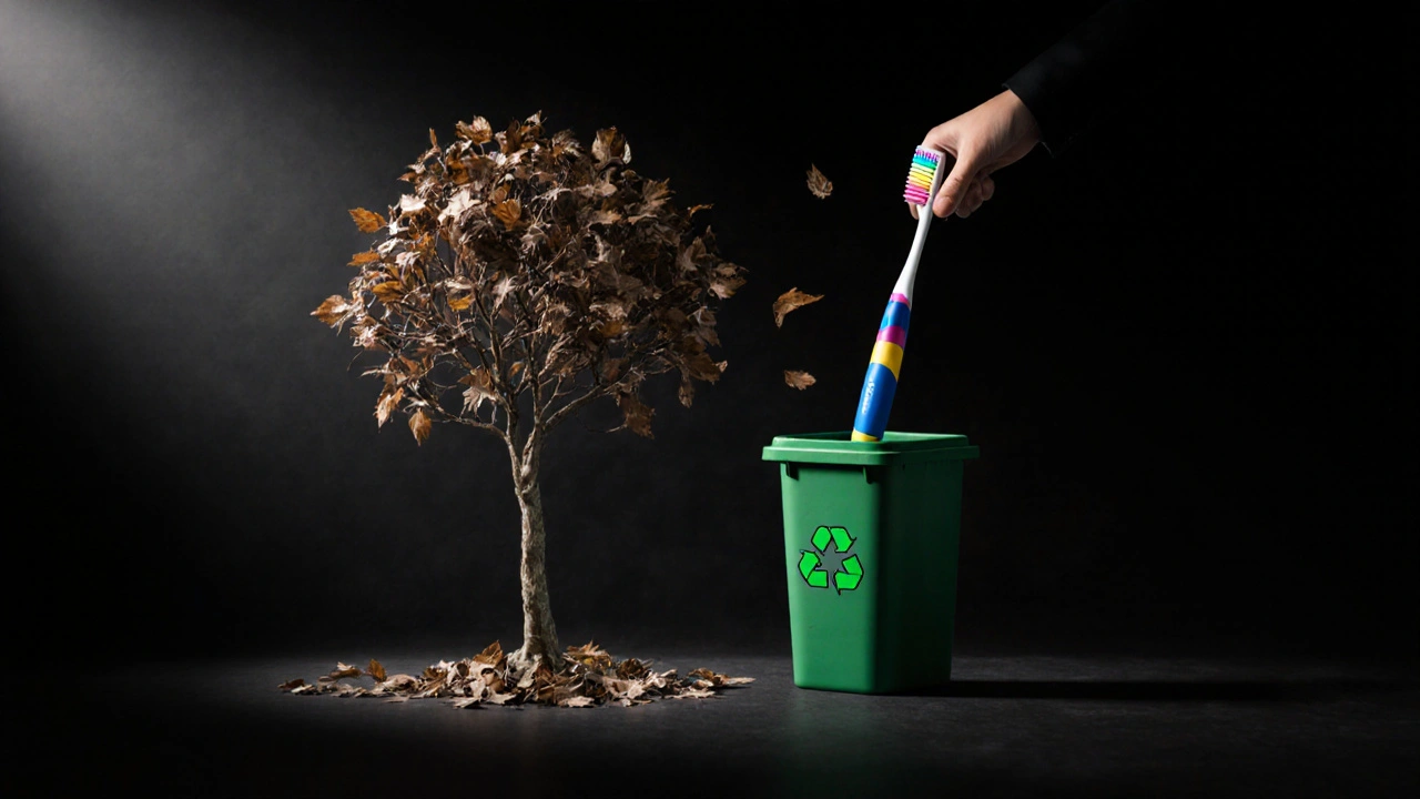 Zubní kartáček se mění v křehký strom, jehož štětce padají do recyklačního kontejneru s označením recyklace.