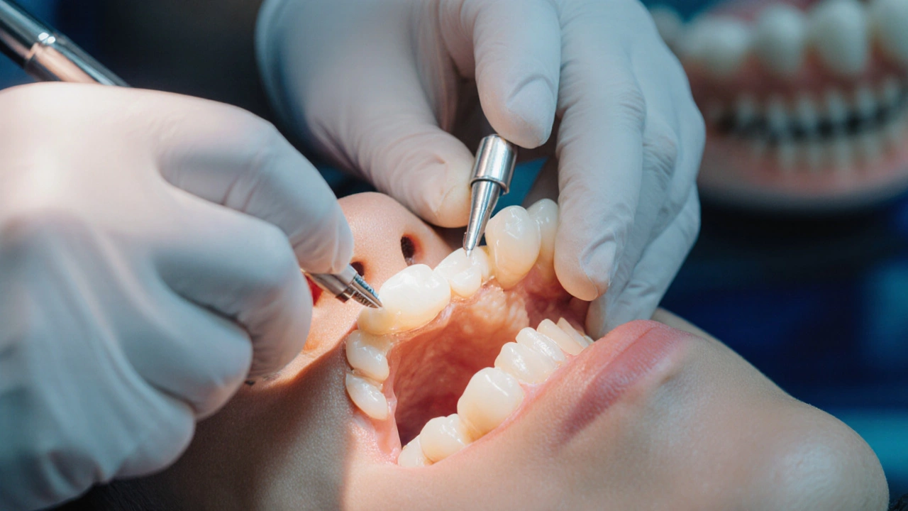 Zubní lékař instaluje metalokeramickou korunku na molár, kontroly přesnost sedění.