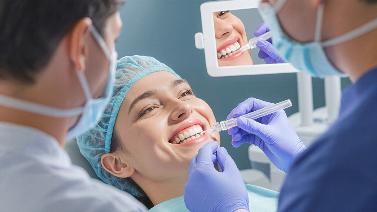 Zubní lékař provádí profesionální bělení zubů pacientovi.