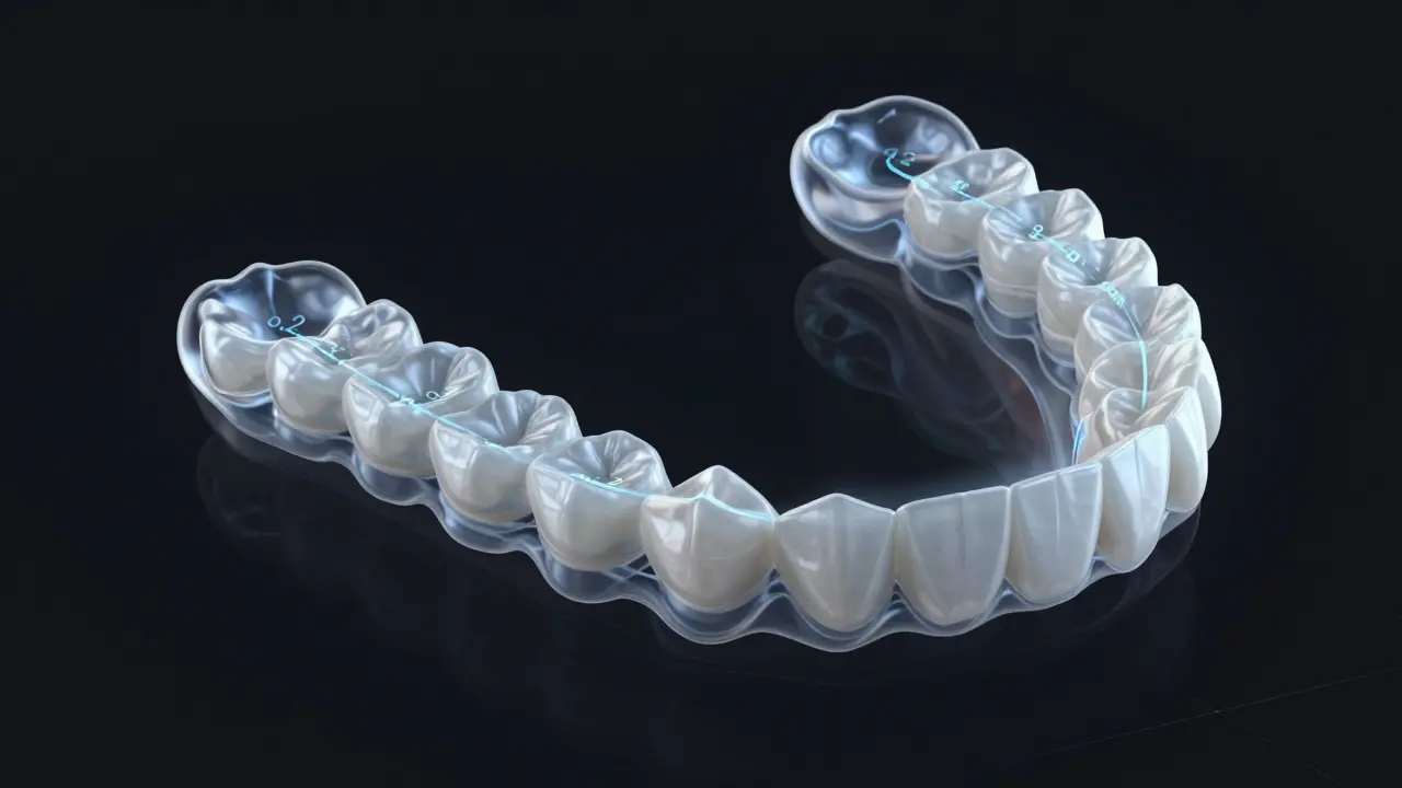 3D sken zubů přeměňující se v řadu průhledných rovnátek s pohybem zubů.