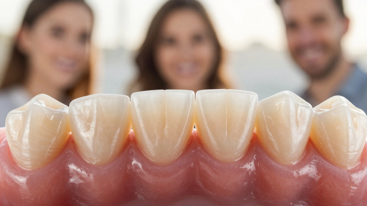Ceramic veneer bonded to a strengthened tooth, blending naturally with surrounding enamel.