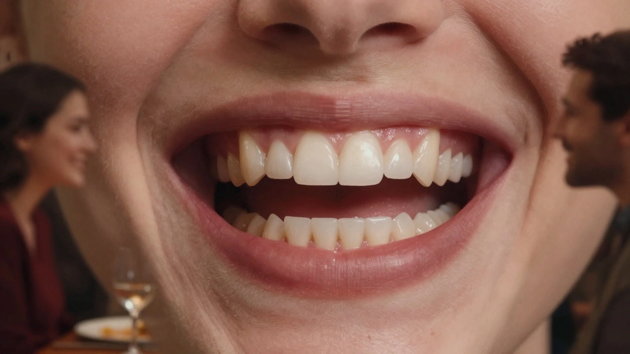 Člověk se směje s přáteli večeří, jeho zuby vypadají přirozeně a nejsou vidět žádné protézy.