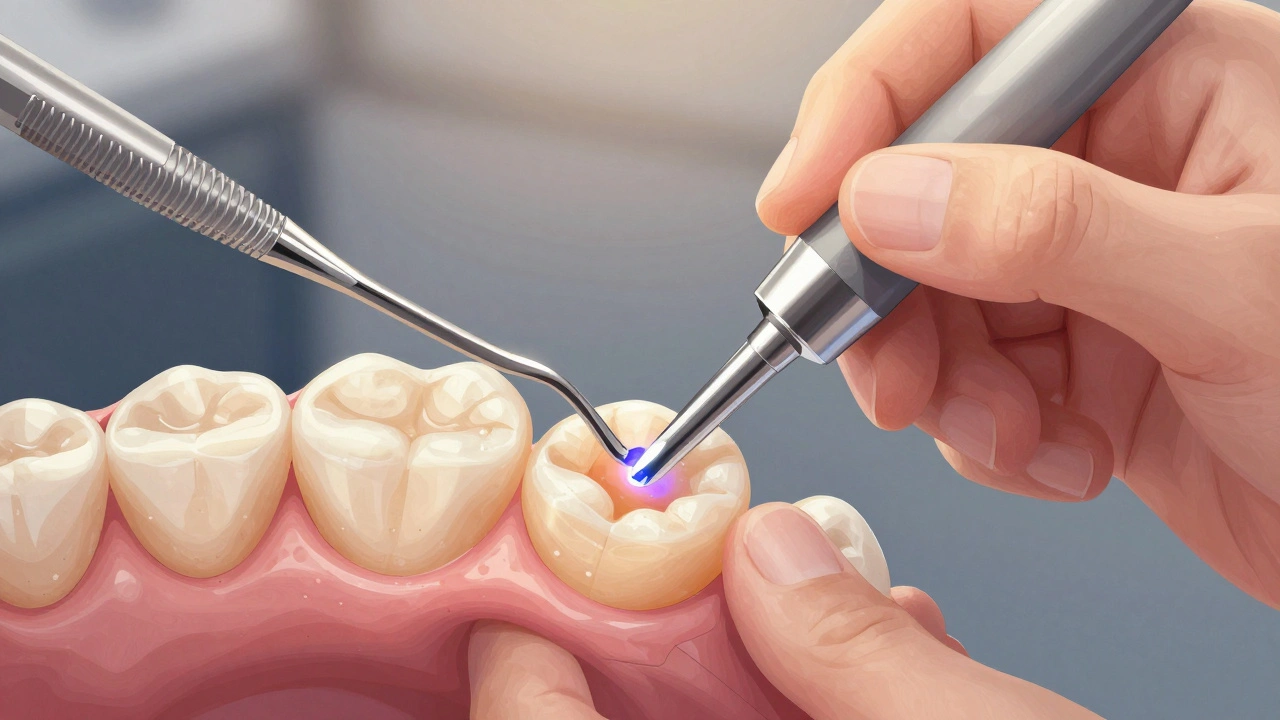 Dentist applying composite material to reinforce a tooth surface with UV light curing.