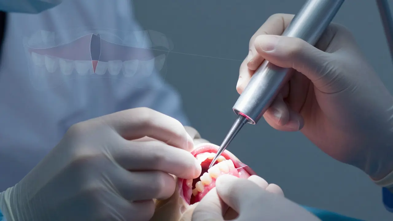 Dentist performing a frenectomy with a laser to correct a tooth gap cause.
