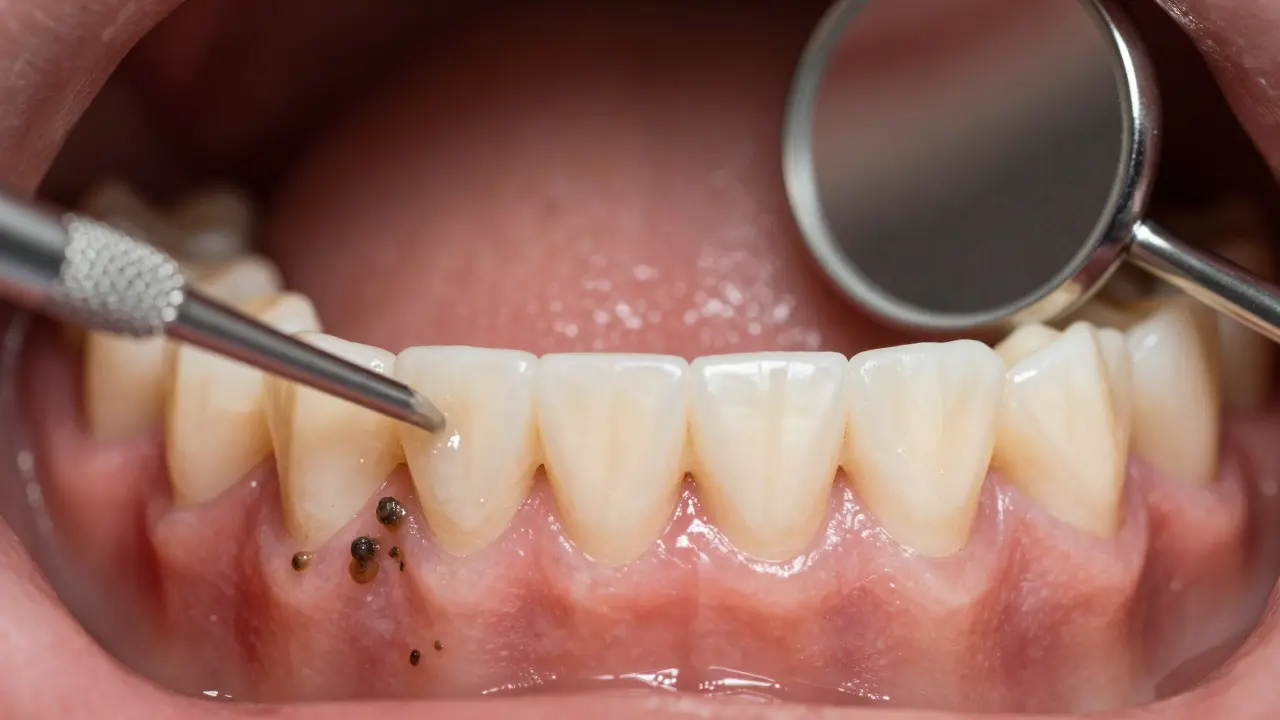 Detailní záběr zubního kamene na dásních a zdravého zubního povrchu.