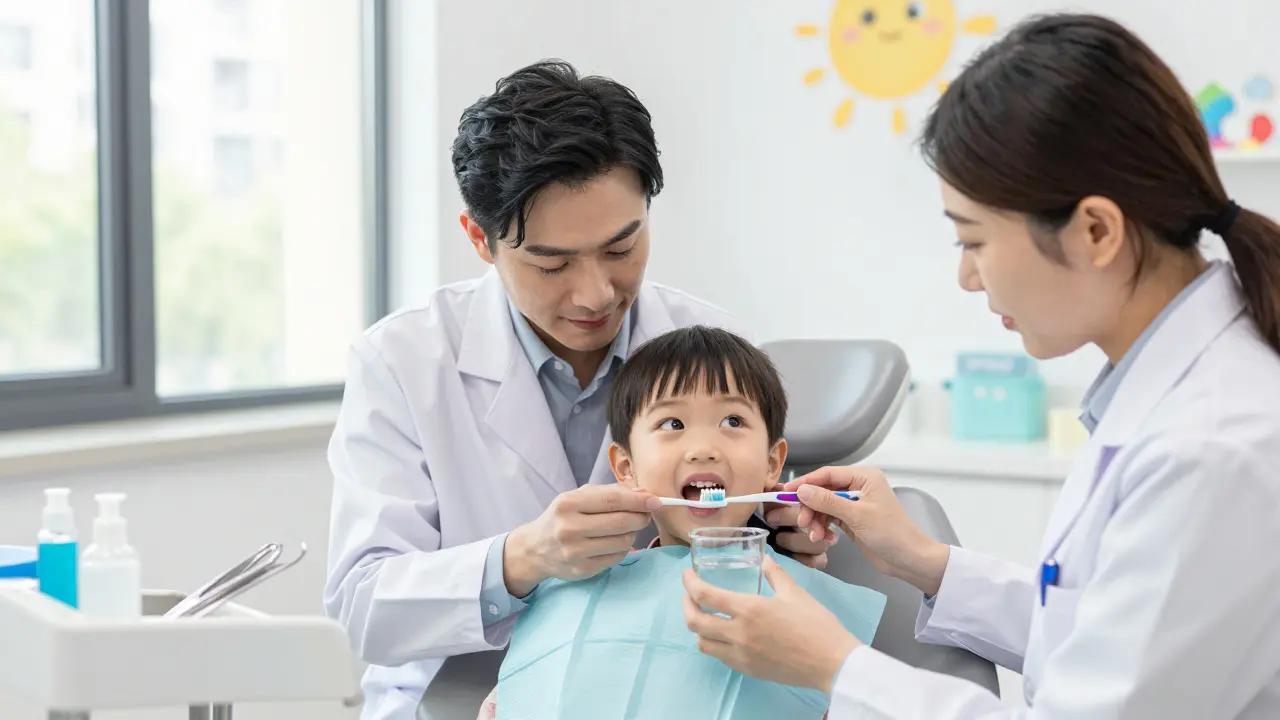 Dětský stomatolog prohlíží první zoubek dítěte v klinice, zatímco rodič pozoruje.