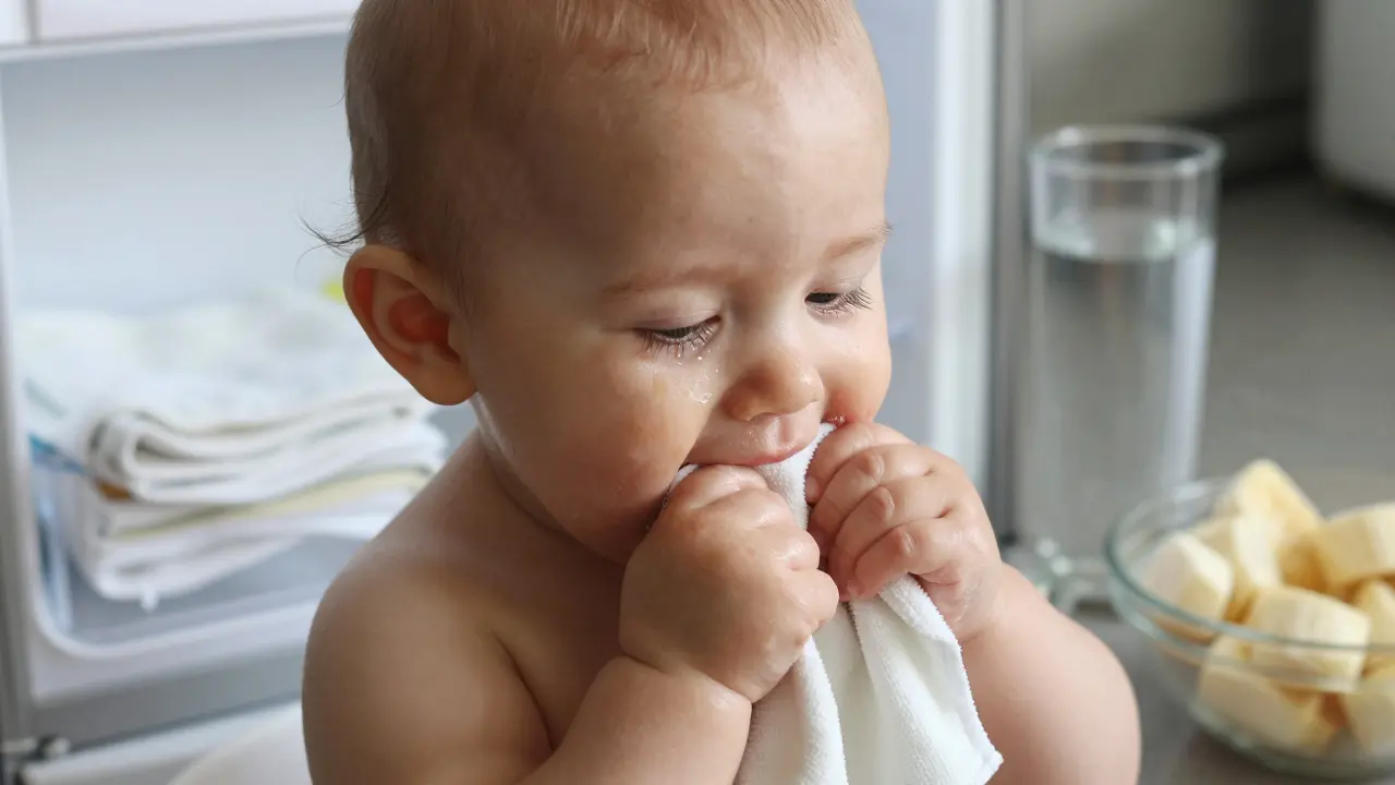 Dítě žvýká chlazený mokrý hadřík, sliny mu leskne na bradě při klidném výrazu.