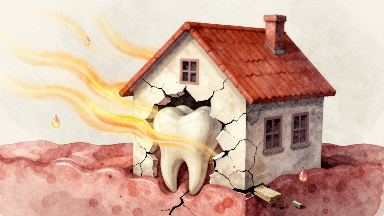 Dům s poškozenou stěnou a posunutým základem, symbolizující citlivý zub.