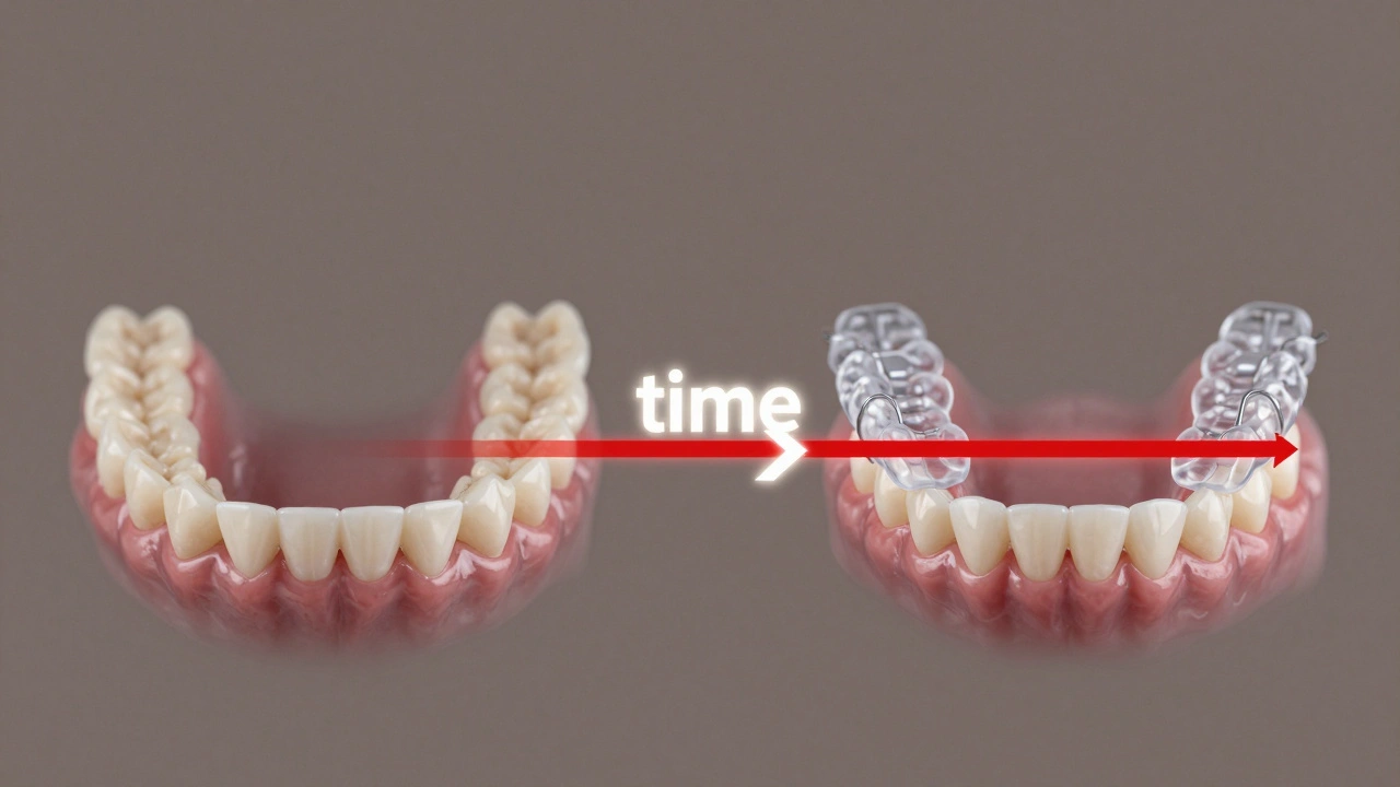 Dvě paralelní cesty zubů: jedna se vrací zpět, druhá je udržována retencí.