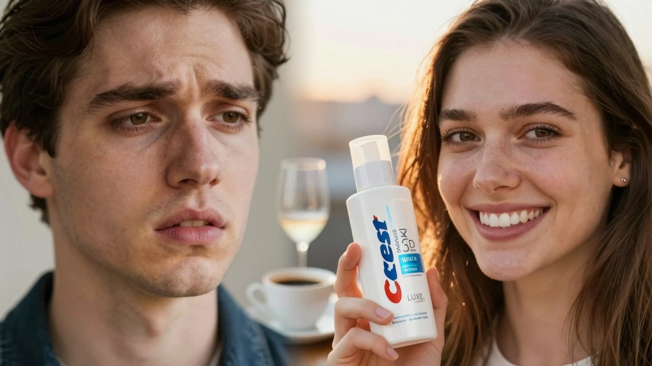 Dvoučelný portrét: jedna strana s žlutými zuby, druhá s bílými, v pozadí káva a víno.