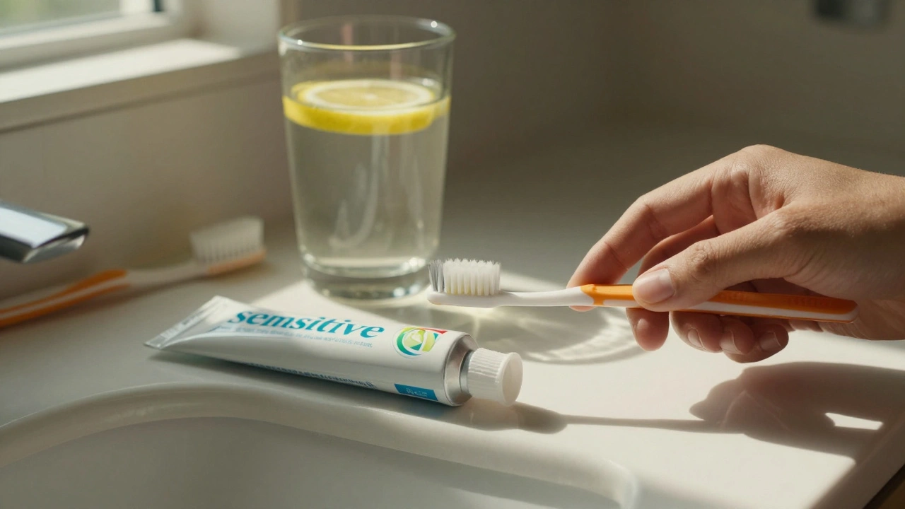 Jemný kartáček a pasta pro citlivé zuby na koupelnové stolce, vedle nich kyselá limonáda ve stínu.