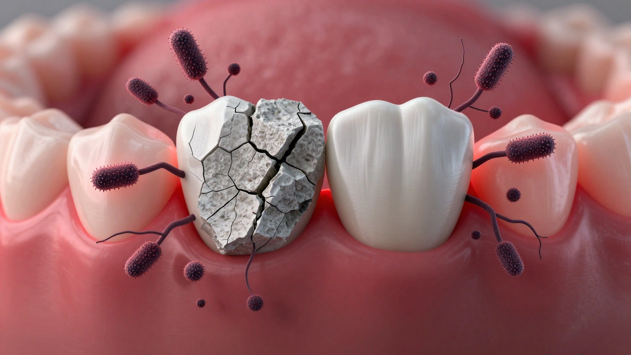 Kámen mezi zuby s bakteriemi a zánětem pod dásní.