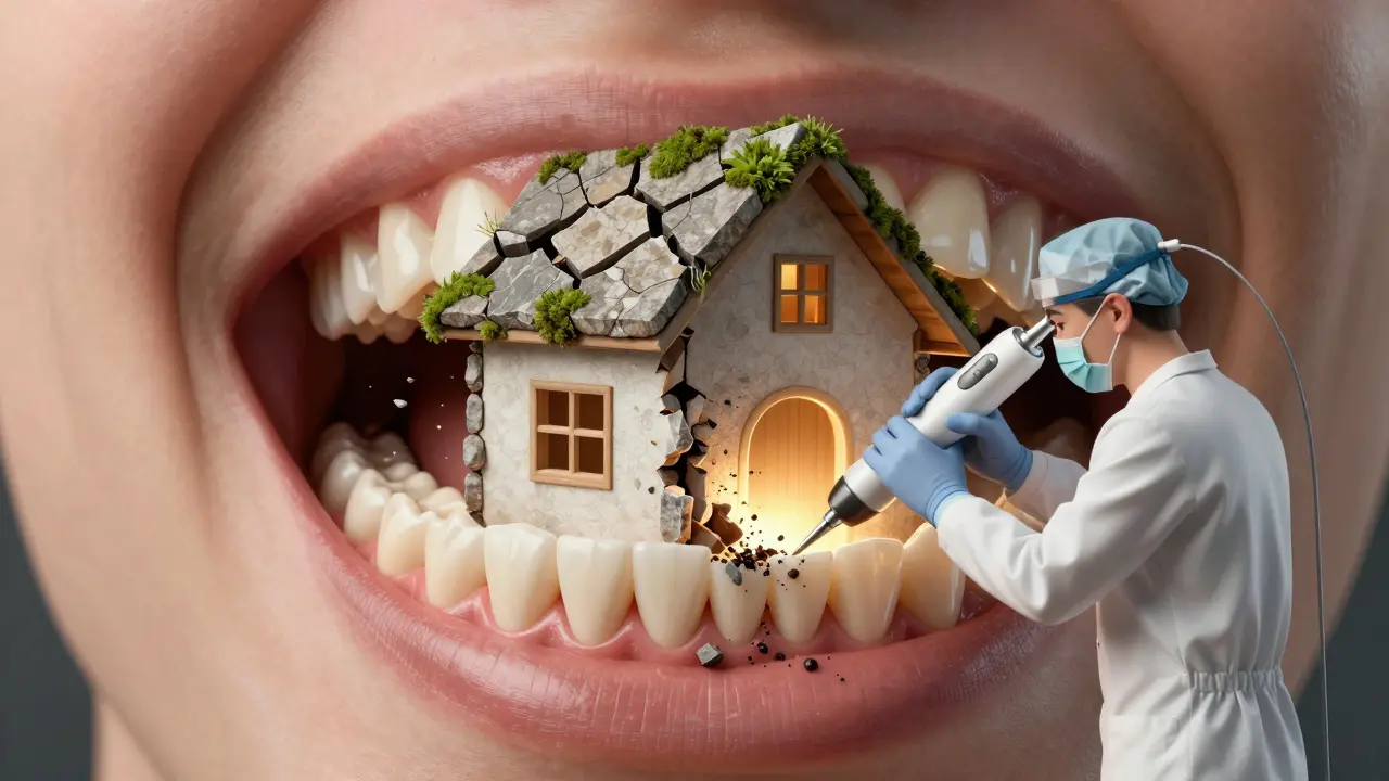 Koncepční obrázek úst jako domu s poškozeným základem kvůli zubnímu kamenu.