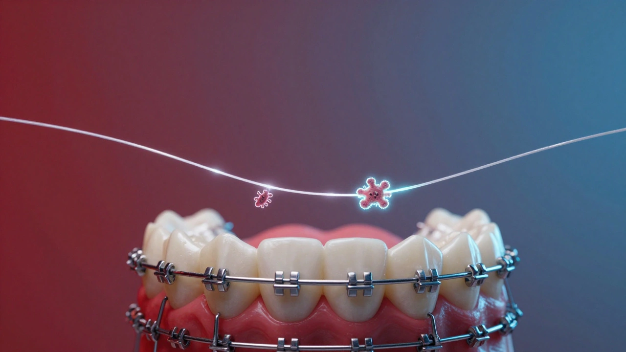 Konceptuální obrázek zubů s rovnátky a zubní nití jako záchrannou linkou.