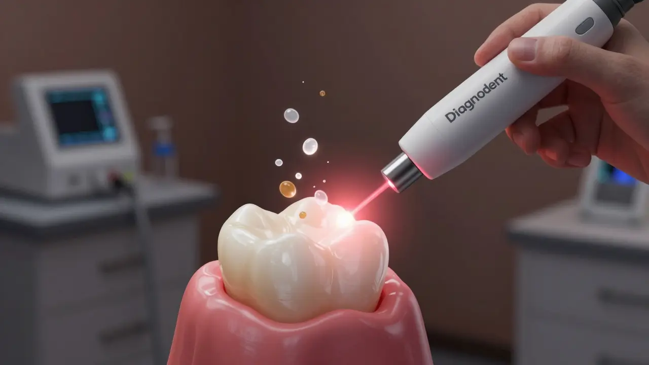 Laserový přístroj detekuje počáteční kariés na zubu.