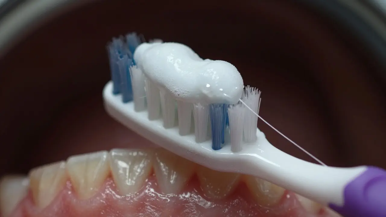 Měkký zubní kartáček čistí zuby pod úhlem 45 stupňů, viditelná nit mezi zuby.