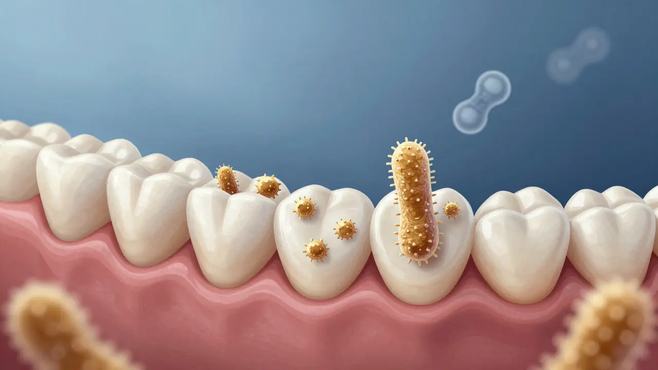 Mikroskopický pohled na plak a tenké dásně během menopauzy s poklesem slin.