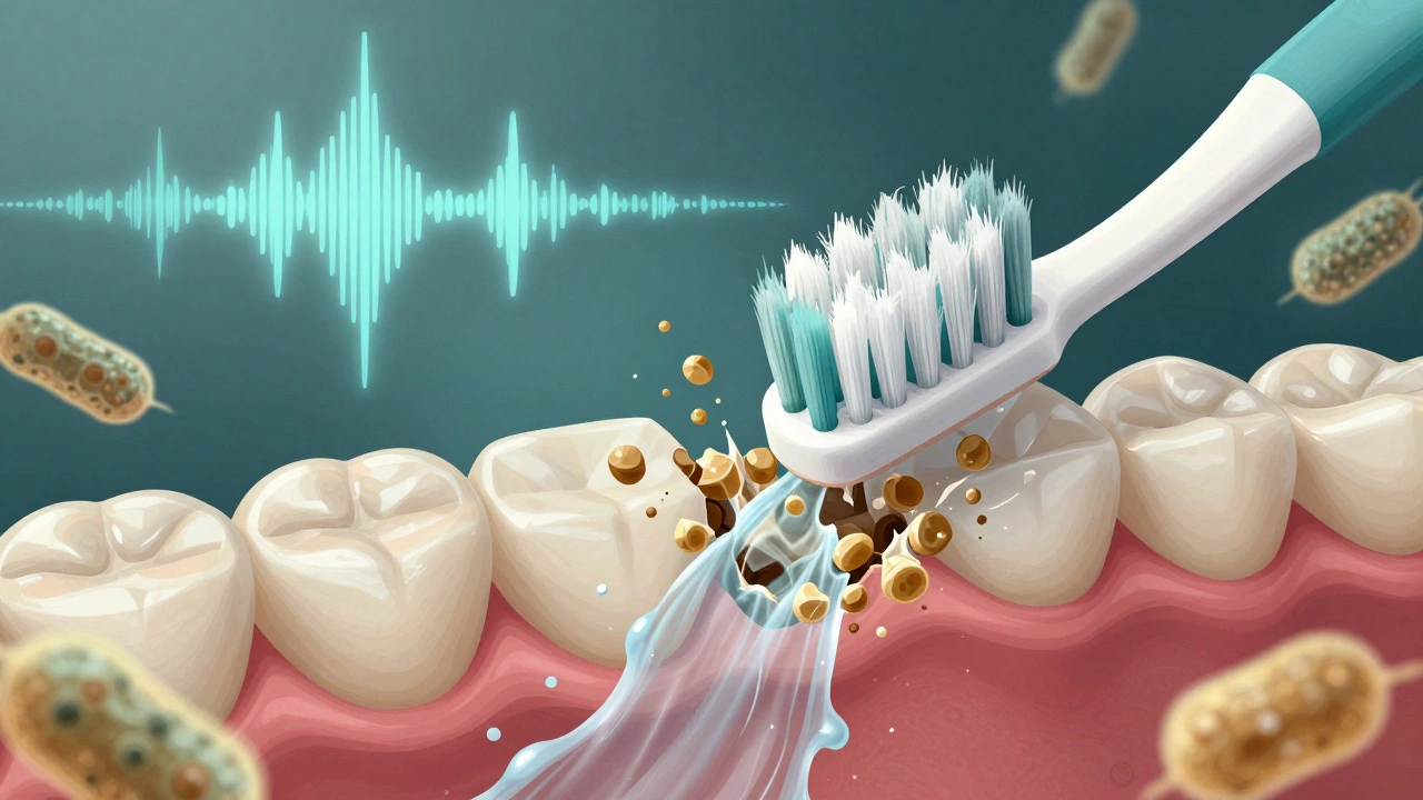 Mikroskopický pohled na ultrazvukové vlny rozkládající zubní kámen a plak v ústech.