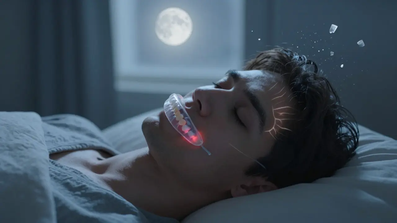 Noční ochranná štítka chrání zuby při bruxismu, jemné světlo a prach zubní sklovinky v okolí.