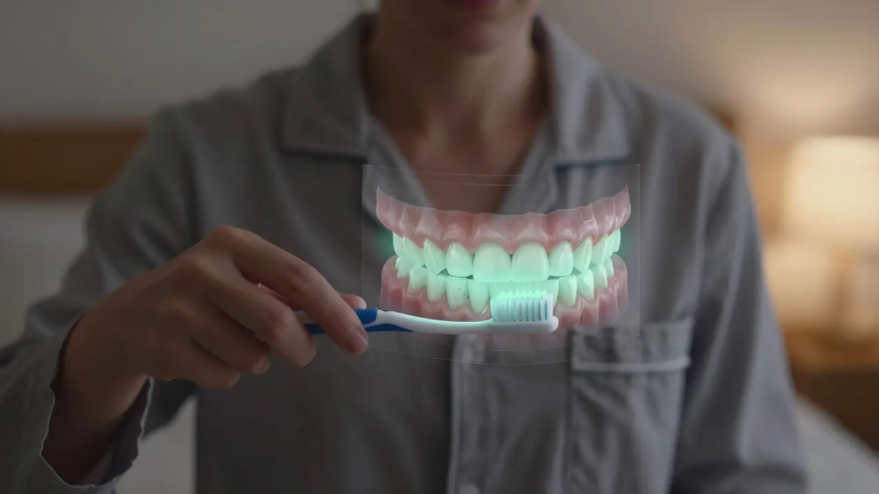 Osoba čistící zuby, s průhledným zobrazením skrytého plaku mezi zuby