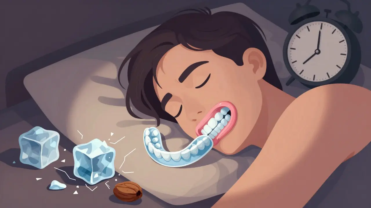 Osoba spí s nočním štítem, kolem ní symboly bruxismu – led, ořechy, hodiny.