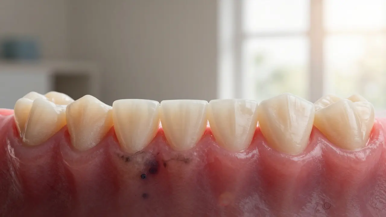 Porovnání zdravých a nemocných dásní před a po kyretáži.