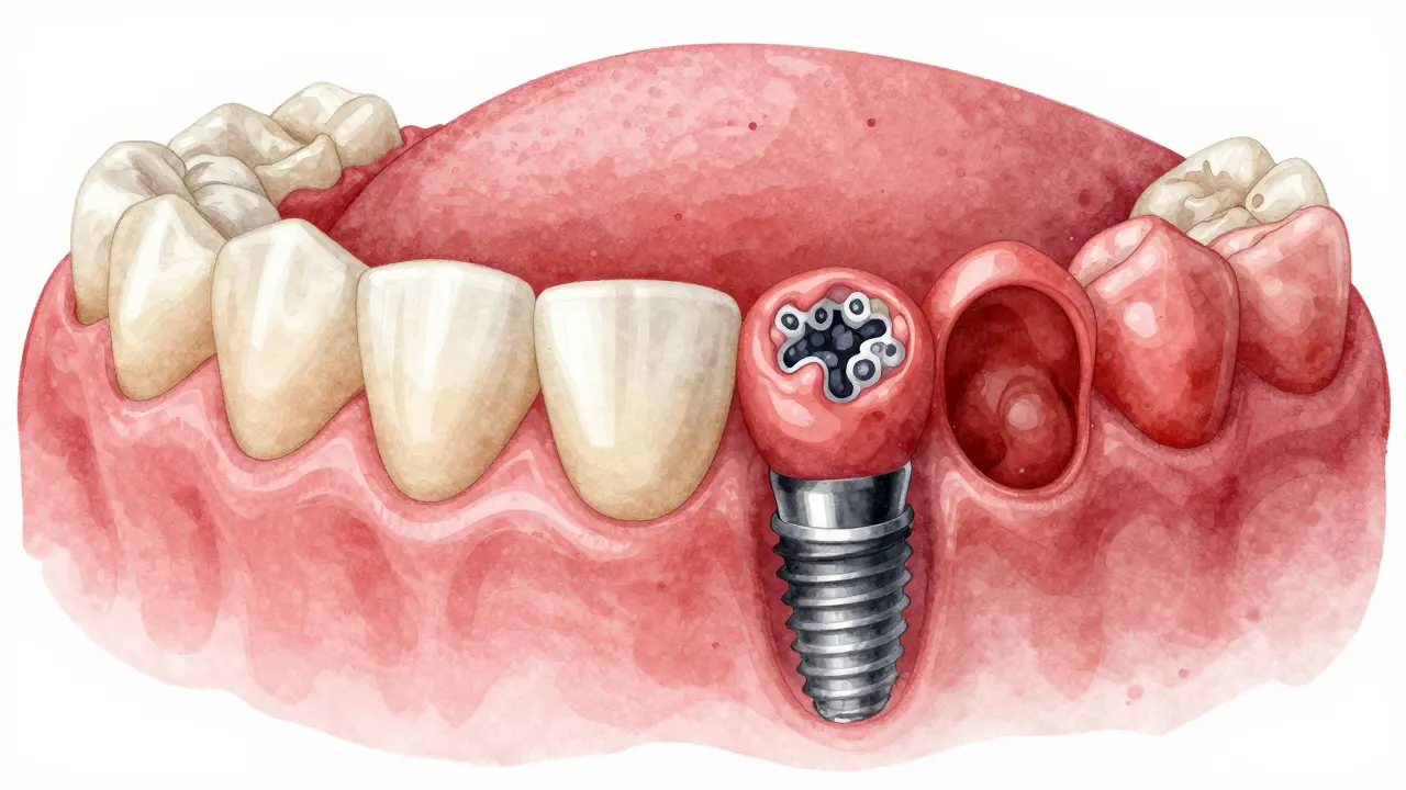 Porovnání zdravých a zánětlivých dásní kolem zubních implantátů.
