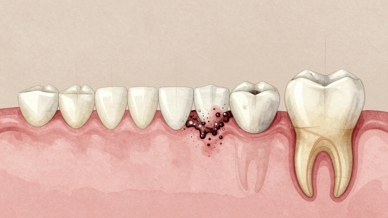 Postupné tvorbě kameně z plaku až ke zpětování dásně.