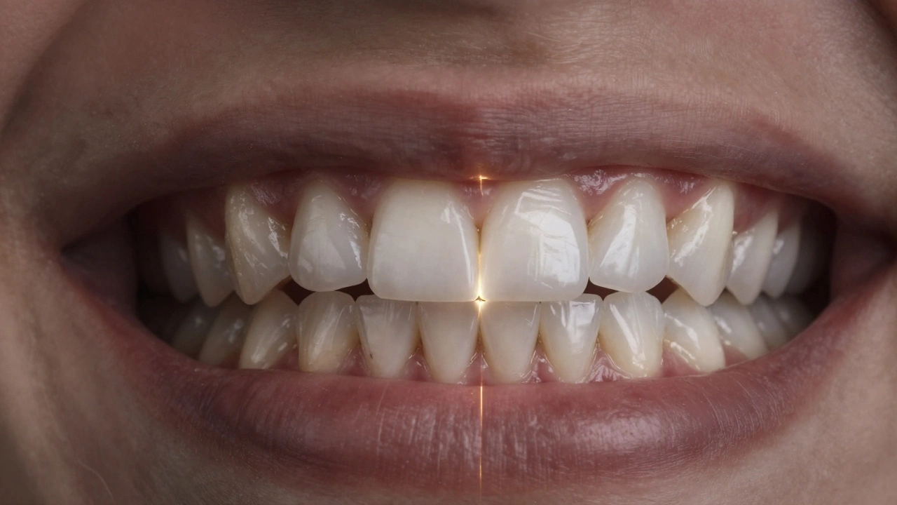 Před a po: zuby před a po aplikaci fazet s jemným přechodem světla.