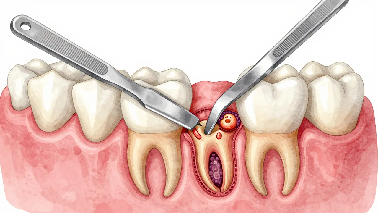 Přehledový náčrt infikovaných zubodásňových kaps a odstraňování zubního kamene.