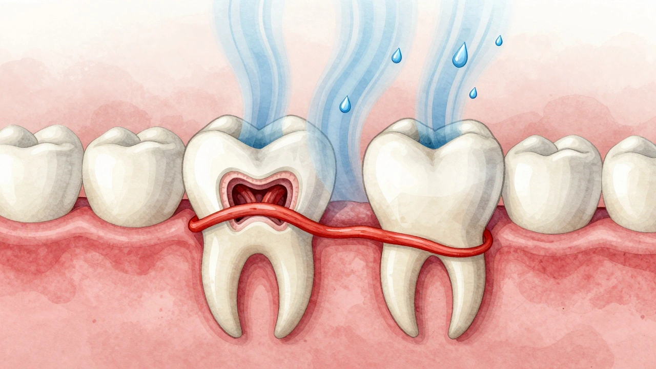 Příčina citlivosti zubů: odhalená dentinová kanálka vedoucí k nervu, opotřebovaná sklovinka a odstupující dásně.