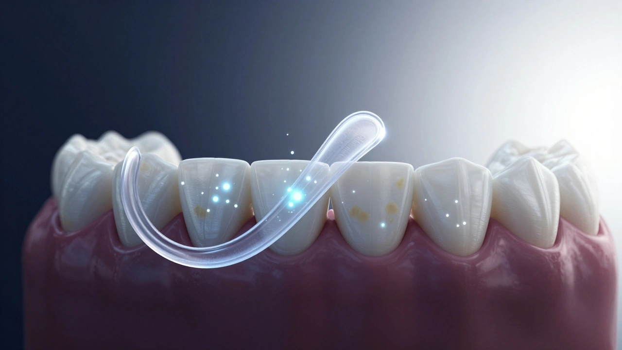 Průhledná bělicí páska na zubech s viditelnými bílými částicemi pronikajícími do skloviny.