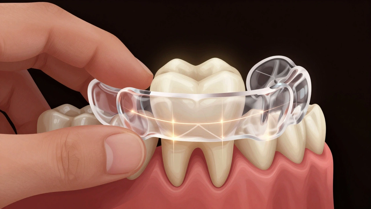 Průhledná retence v nočním prostředí, jemně osvětlená, drží zub v rovné pozici.