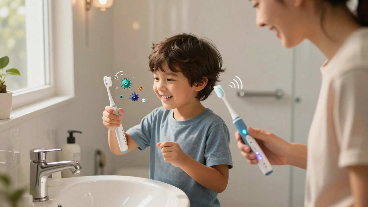 Rodina používá sonické kartáčky ve společné zubní hygieně, dítě se směje.