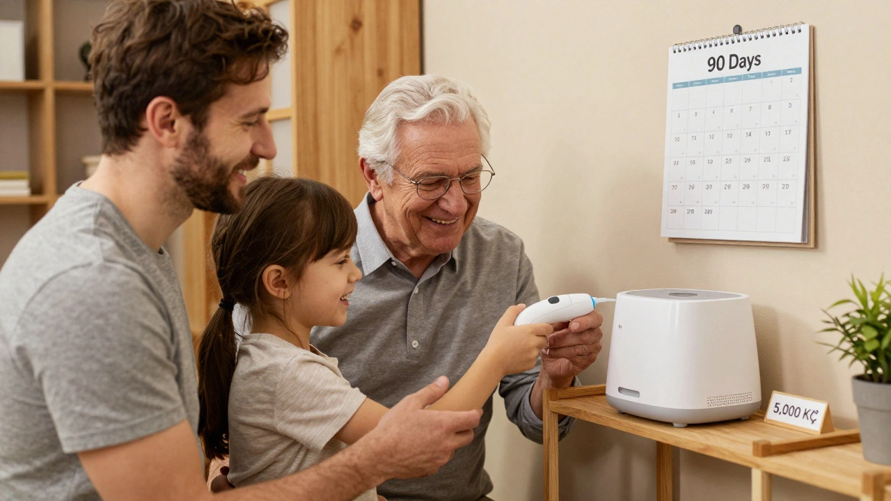 Rodina používá ultrazvukový čistič zubů doma, dítě a starší osoba společně pečují o zuby.