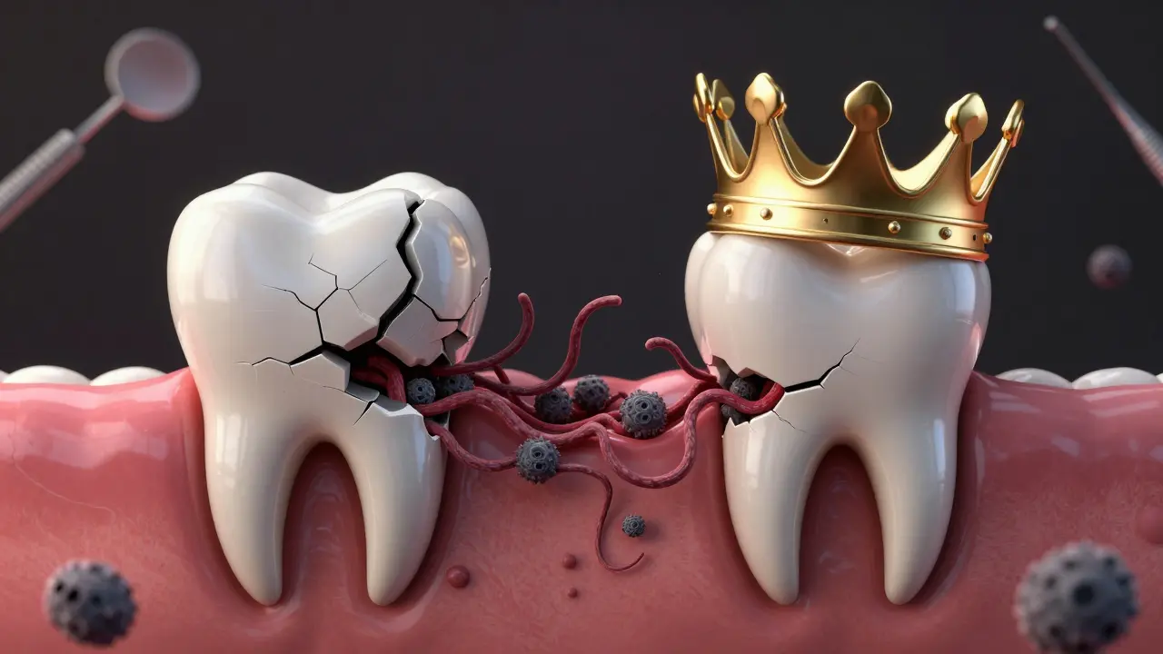 Rozštěpený zub s bakteriemi šířícími se do kořene, vedle něj chráněný zub s korunkou.
