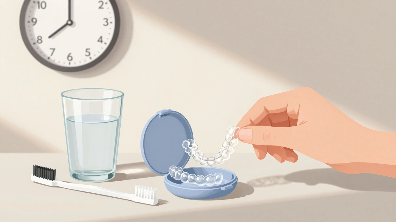 Ruce ukládají odstraňovatelná rovnátka do přenosného případku s toothbrushem a vodou.