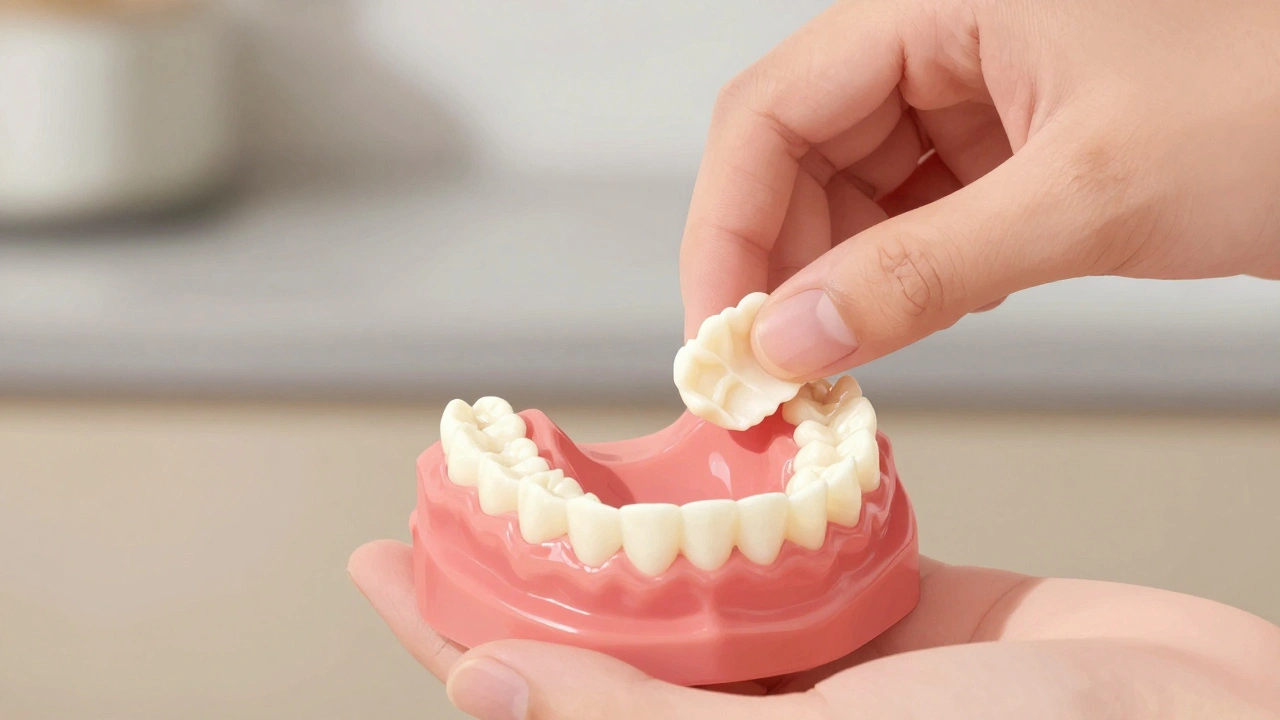 Ruka ukládá kousek ryby na zubní náhradu, jazyk ji jemně přitlačuje zevnitř.