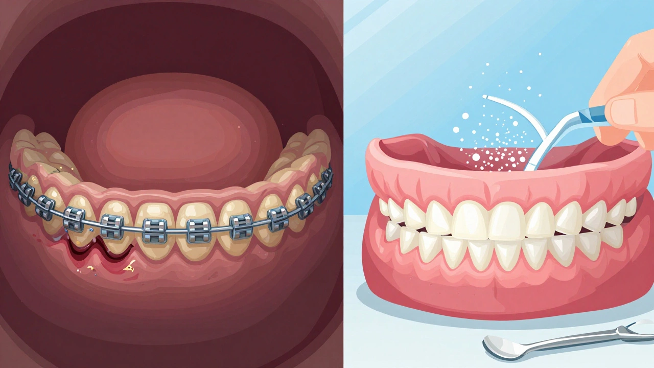 Srovnání zánětlivých a zdravých dásní při nosení rovnátek.
