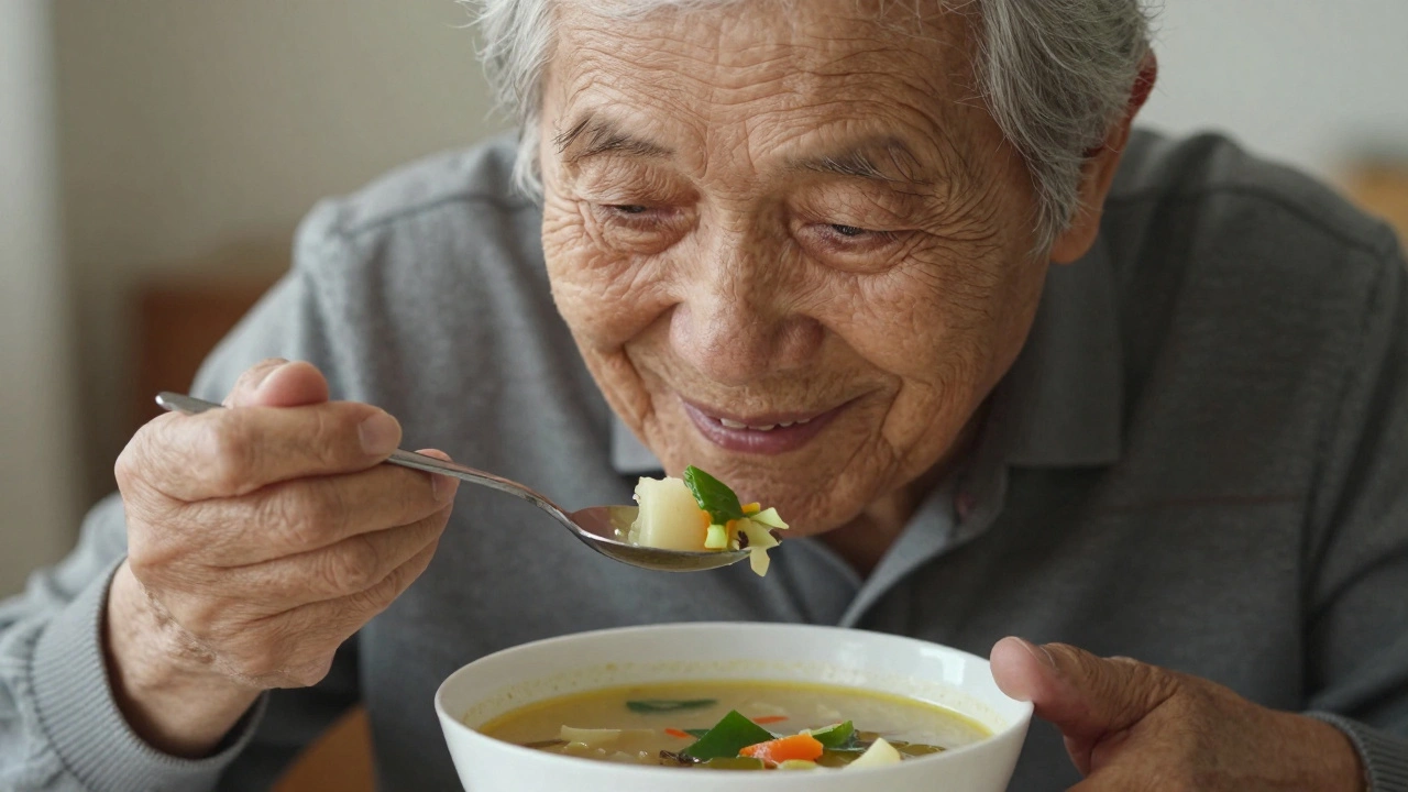 Starší člověk klidně jí soup a měkkou zeleninu, vydává se jistý úsměv při žvýkání.
