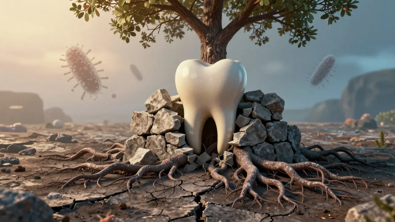 Symbolický obraz ztráty kosti kolem zubu kvůli neodstraněnému zubnímu kamenu