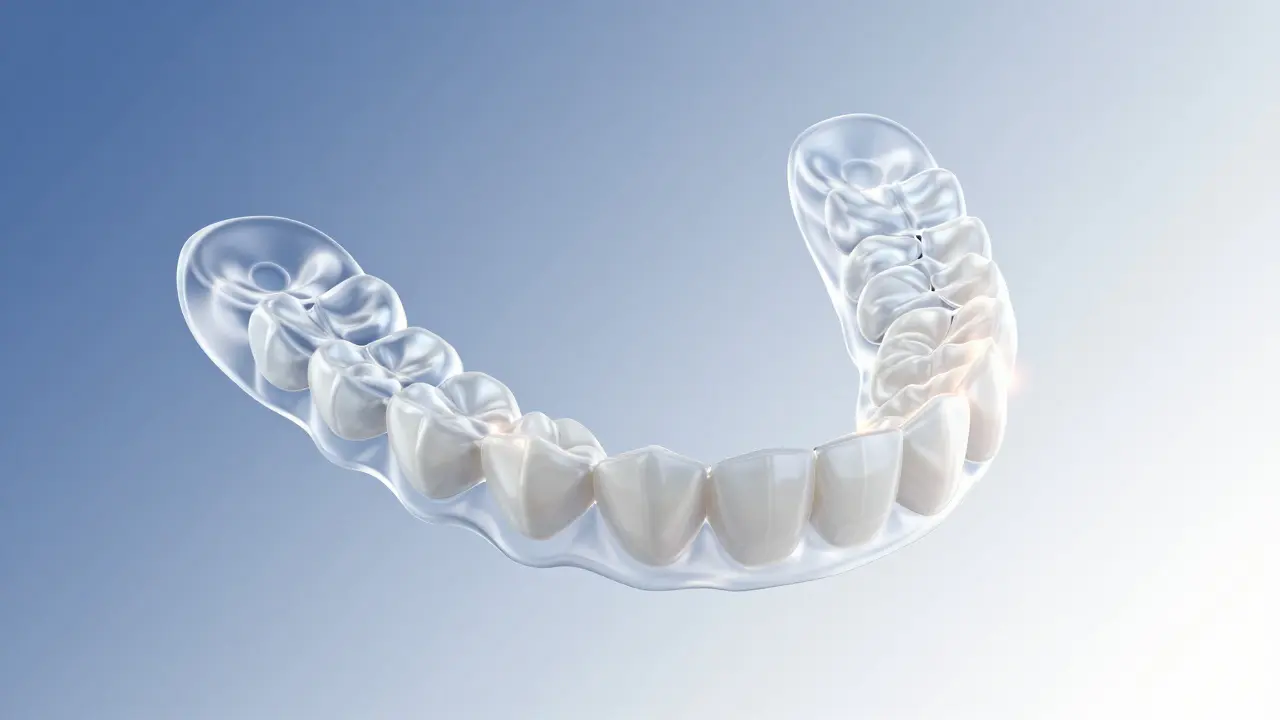 Transparent orthodontic aligner gradually moving teeth to close a gap.