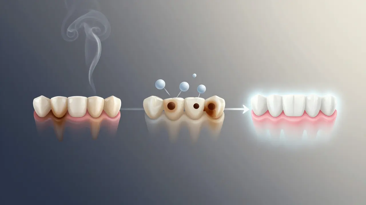 Vývoj zubů od tmavých skvrn k jasnému úsměvu s chemickým procesem.