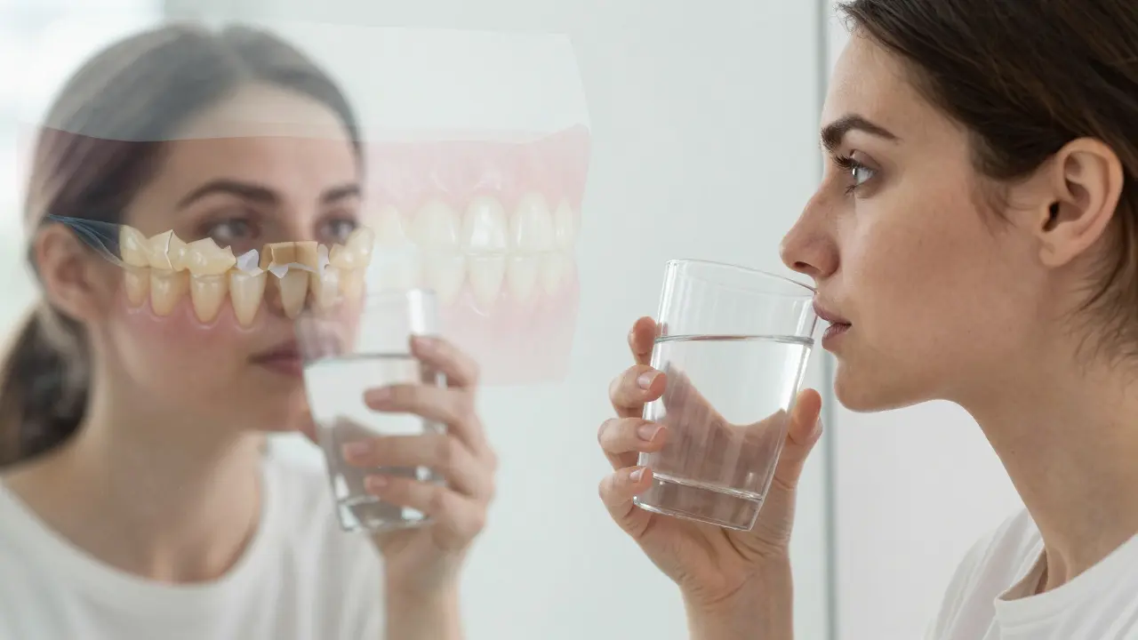 Žena s přehledem skrytých problémů s zuby a kostí během hormonálních změn.