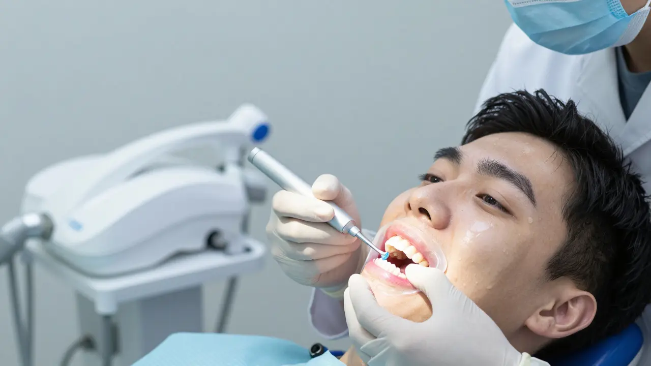 Zubní lékař aplikuje bělící gel na zuby pacienta v klinice.